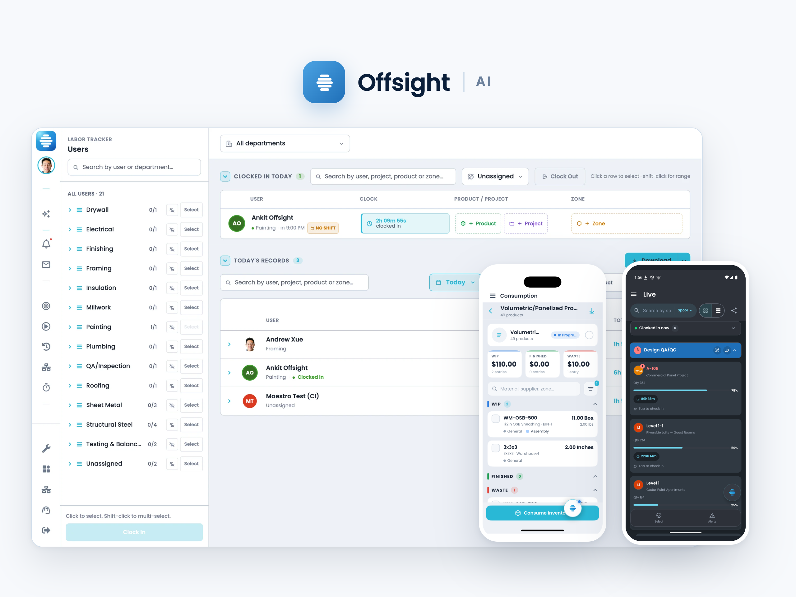 Offsight AI logo above the Labor Tracker in the Console, material consumption on iPhone and the Live work board on Android