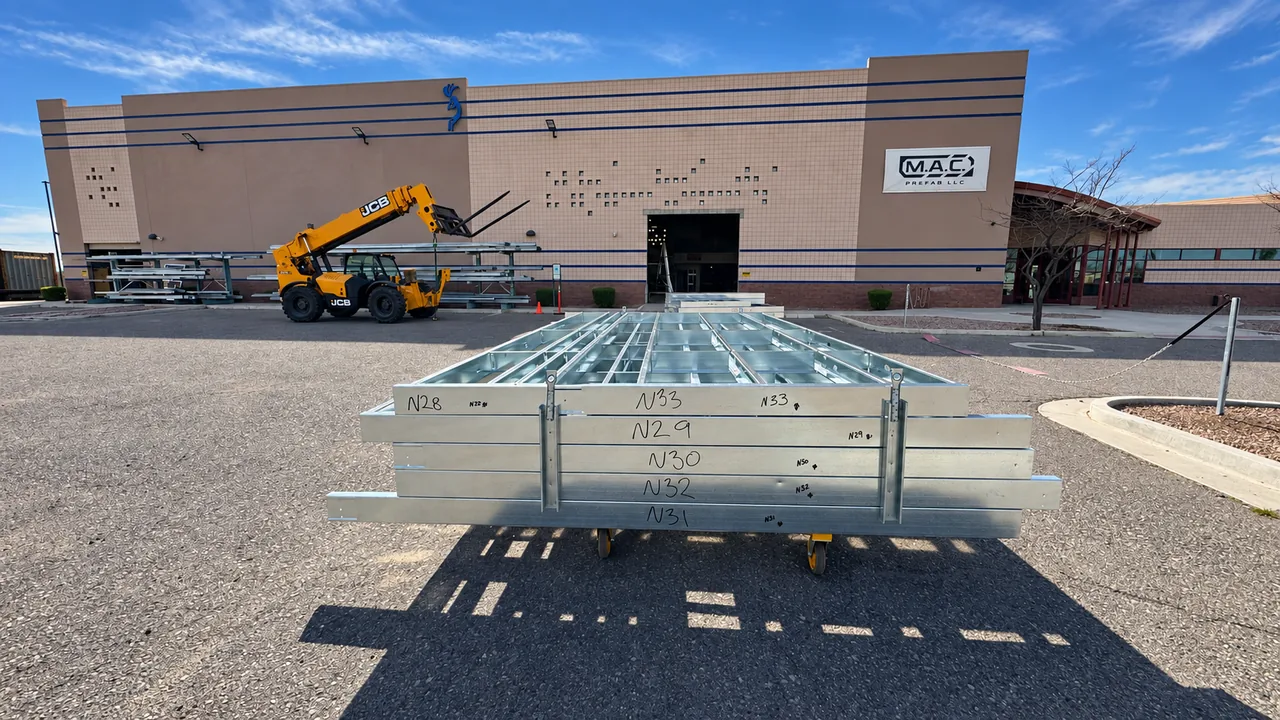 A completed cold-formed steel component staged outside the MAC Prefab facility