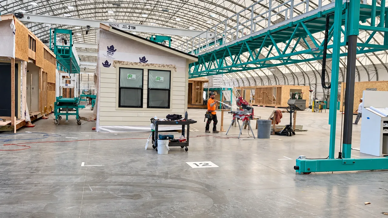 An active S2A Modular assembly floor with a module under construction and a technician at work