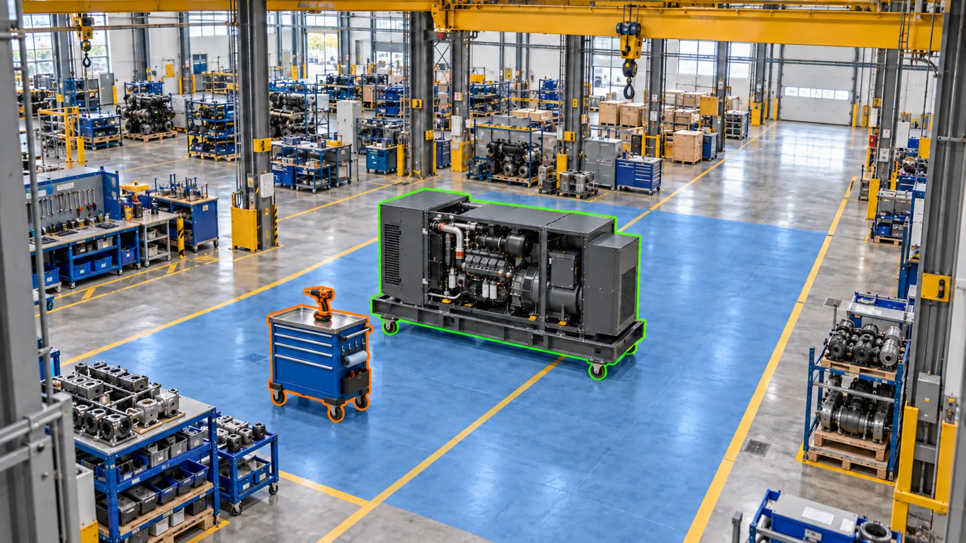 An engine-integration work area highlighted in blue around a generator outlined in green, with a tool cart outlined in orange