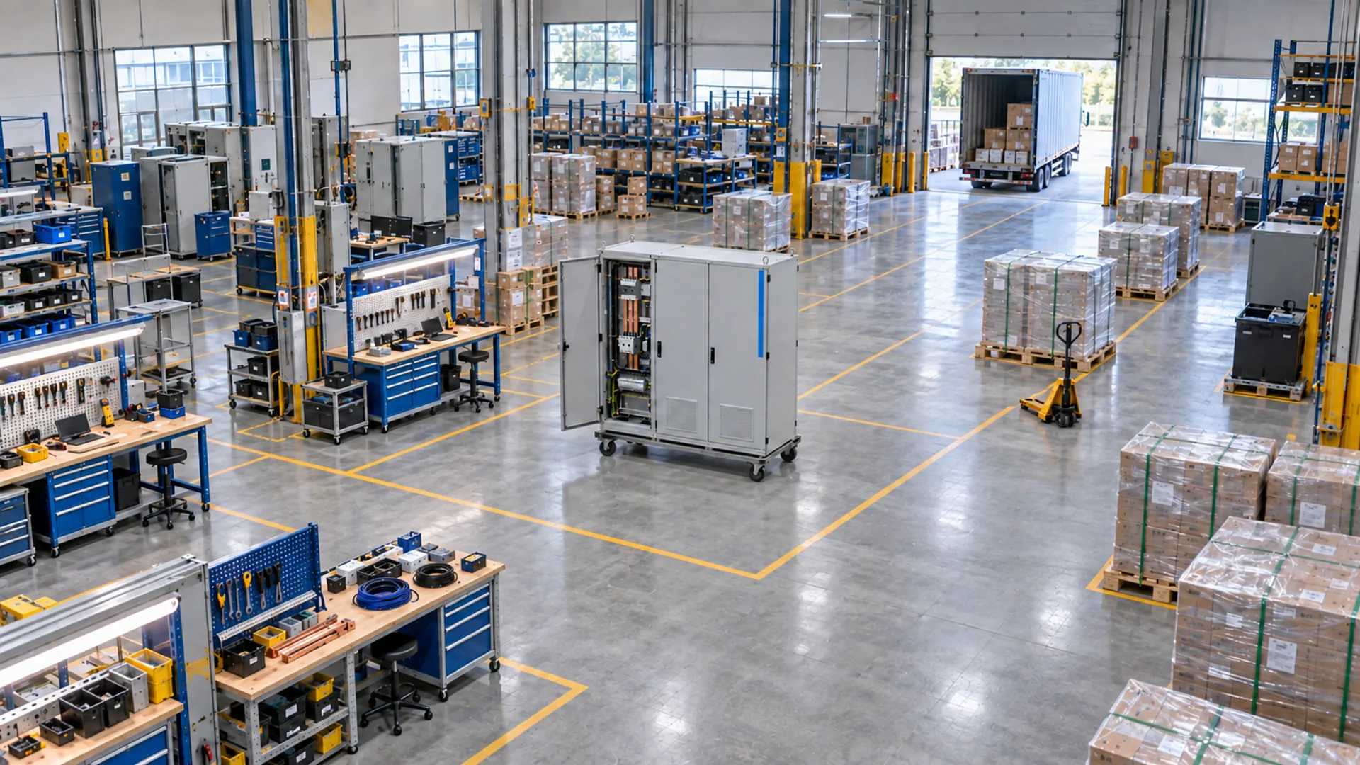 An illustrated factory floor seen from a fixed camera: a switchgear cabinet in a taped final-quality area, a pallet jack and staged pallets beyond it
