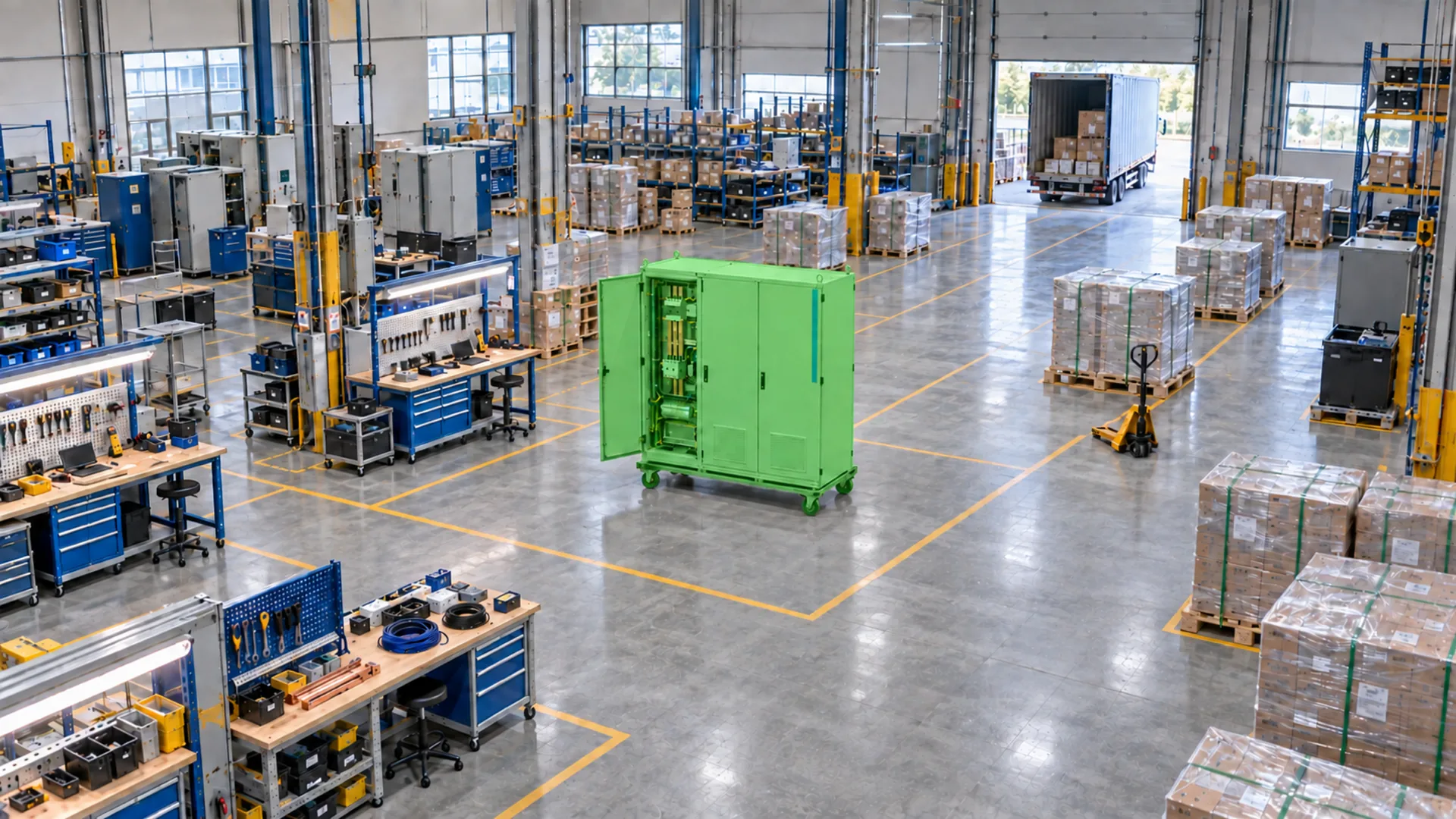 A final-quality area with a switchgear cabinet highlighted in green as the product in progress