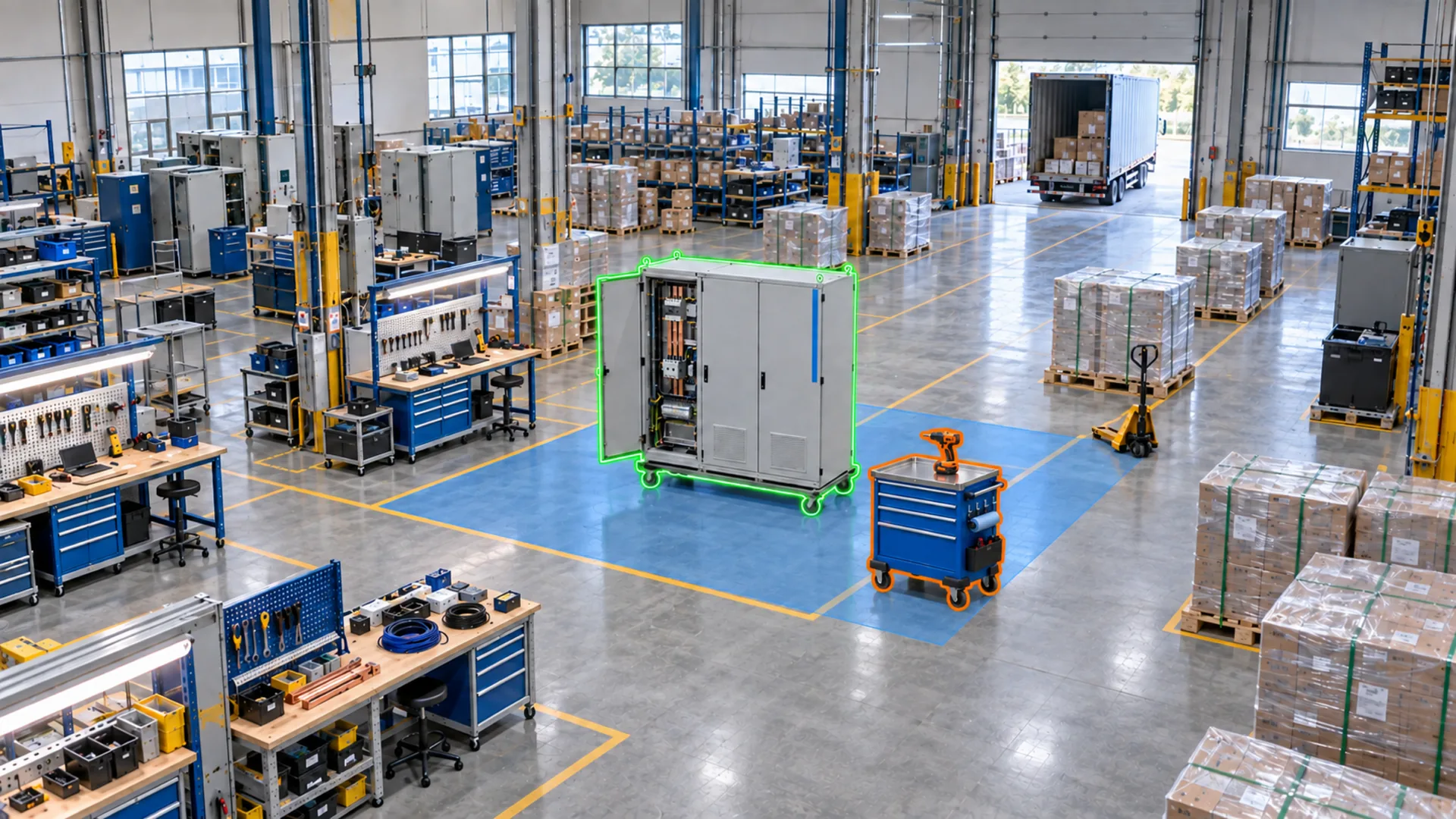 A final-quality work area highlighted in blue, with a switchgear cabinet outlined in green and a tool cart outlined in orange