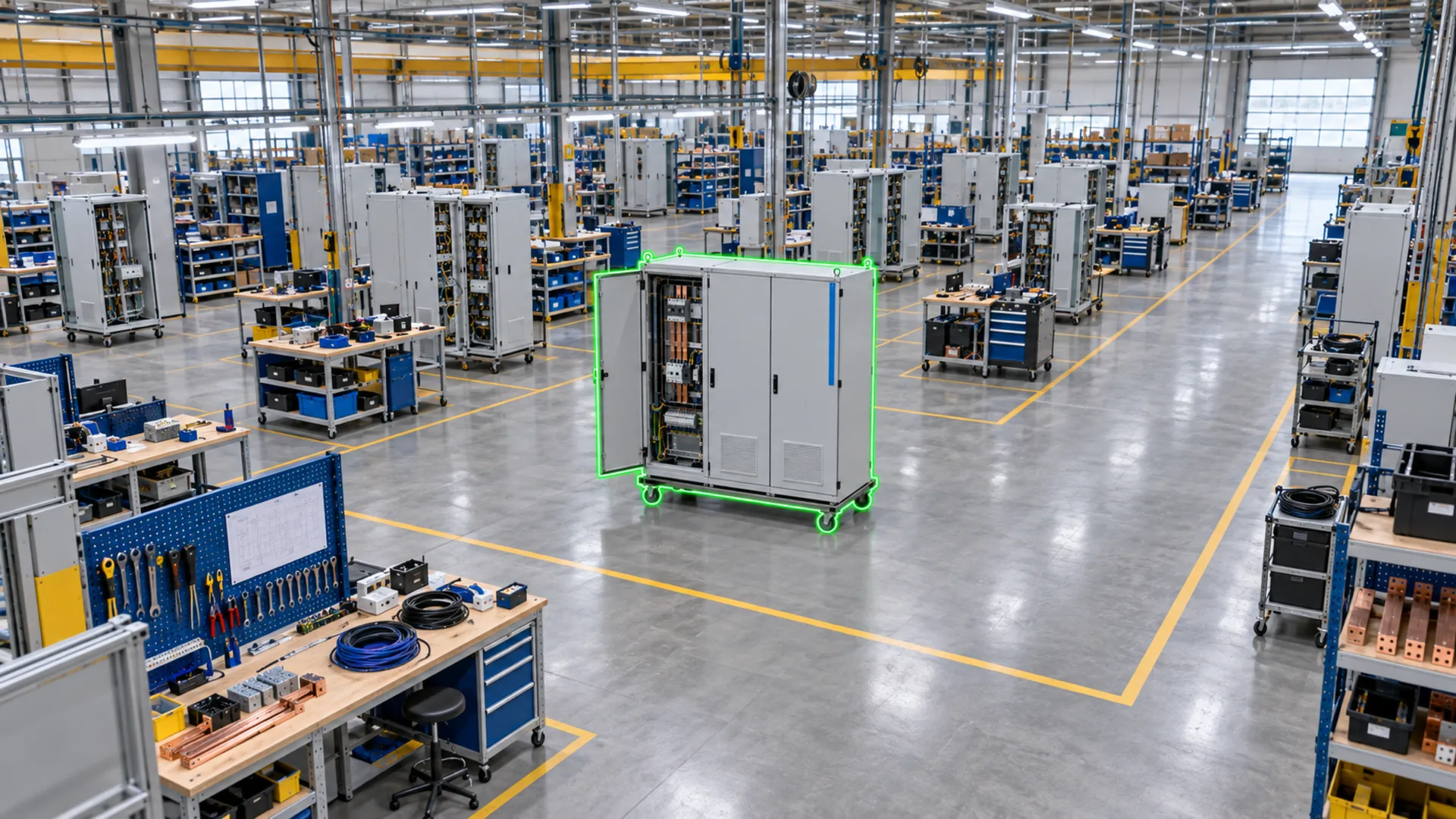 A switchgear cabinet outlined in green in the wiring-assembly area