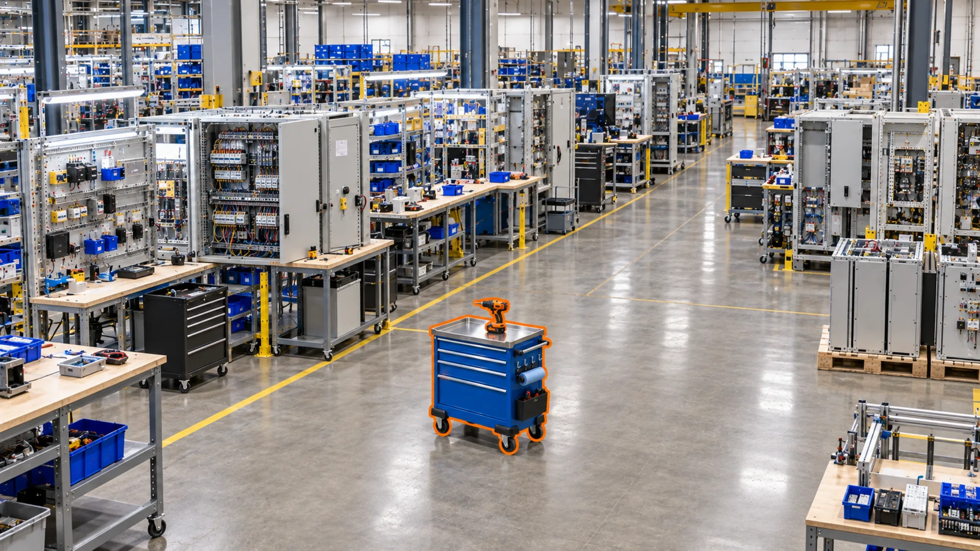 A tool cart and drill outlined in orange in the electrical-assembly area