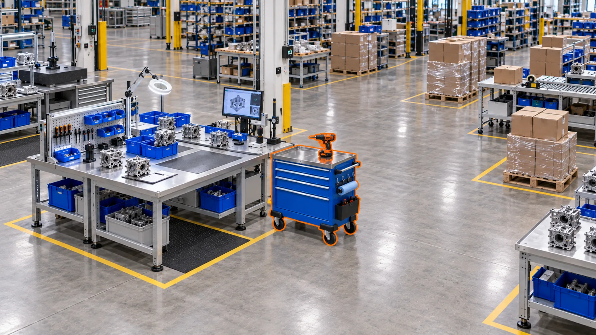 The tool cart outlined in orange at the final-inspection bench