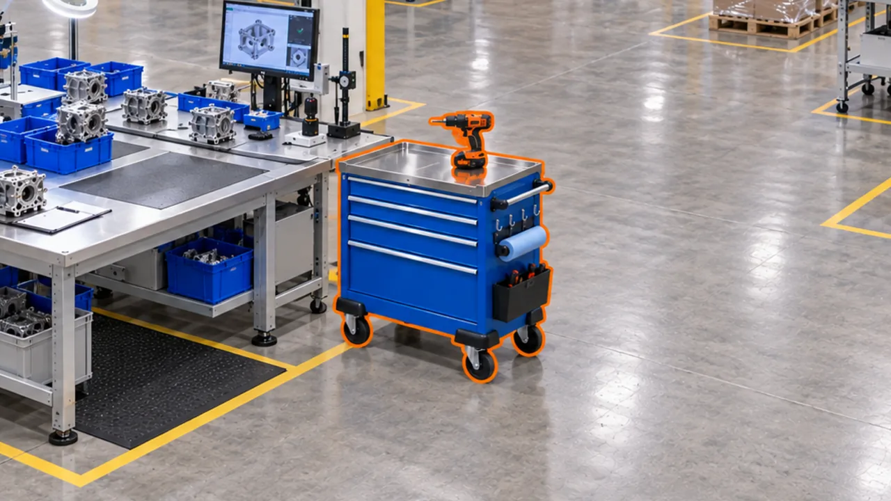 A final-inspection area with a tool cart and drill outlined in orange beside the inspection bench