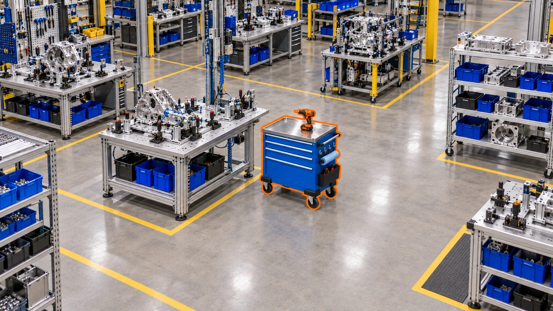 The same tool cart outlined in orange in the mechanical-assembly area