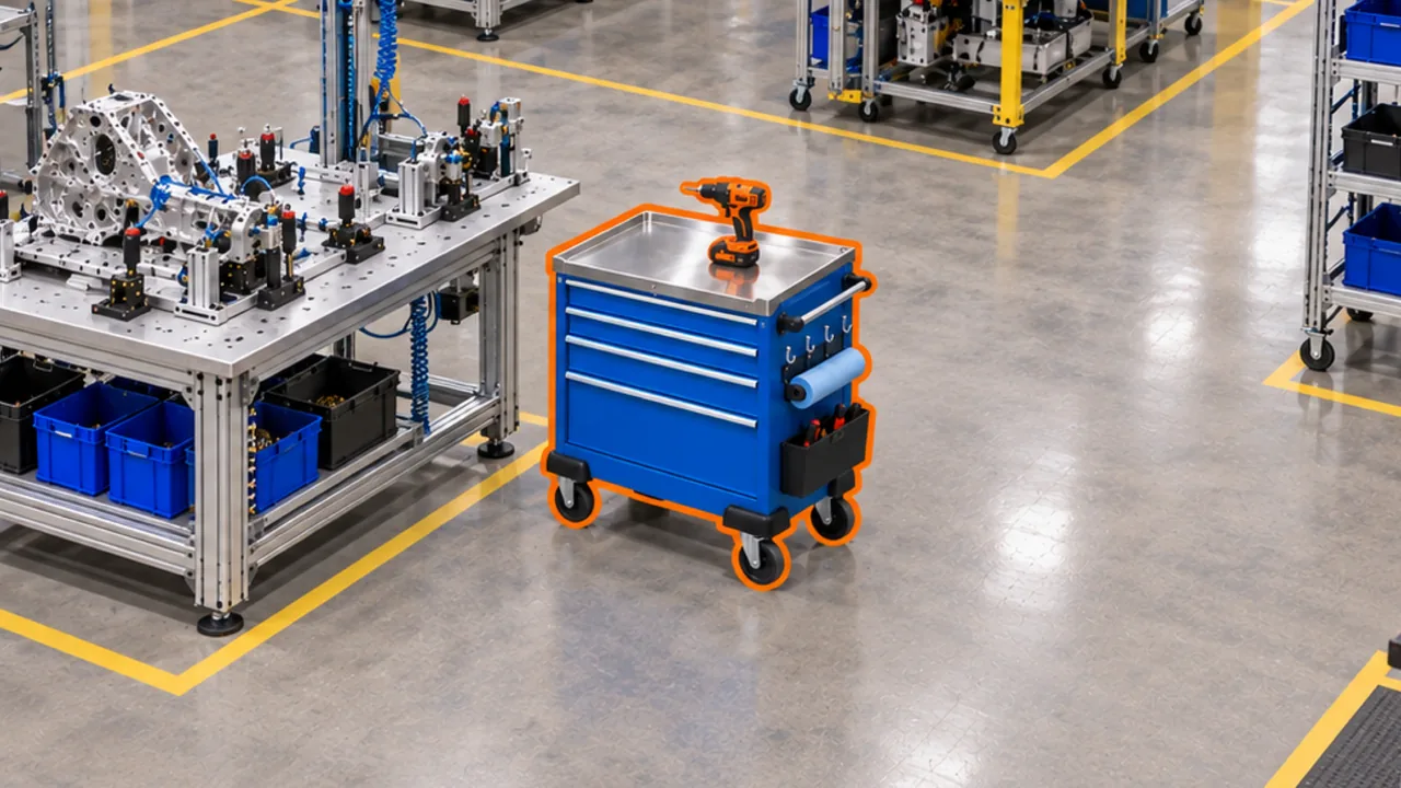 A tool cart and drill outlined in orange beside a fixture table in a mechanical-assembly area