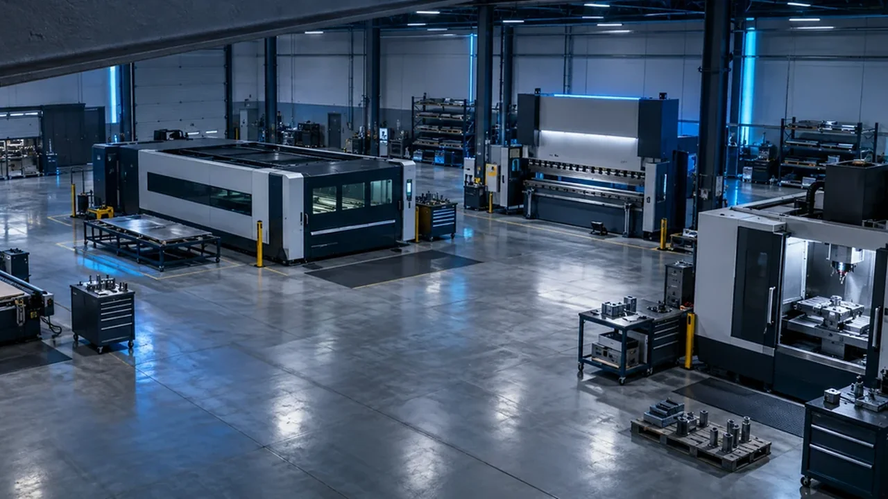 A machine floor with an enclosed laser cutter, a press brake and a CNC machining center