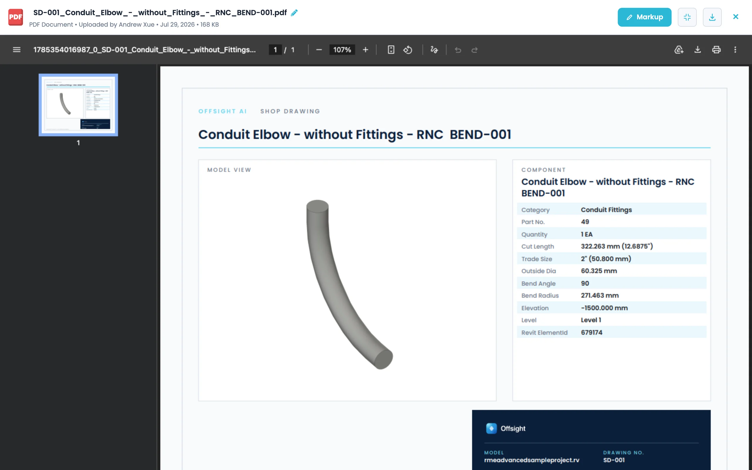 A conduit elbow shop drawing with its 3D model view, cut length, bend angle and radius