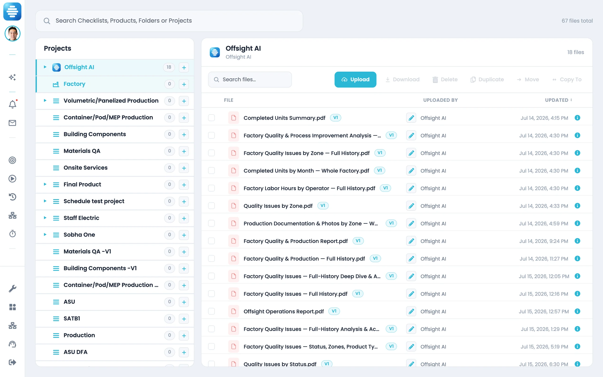 The Offsight AI folder with factory analyses generated from live data