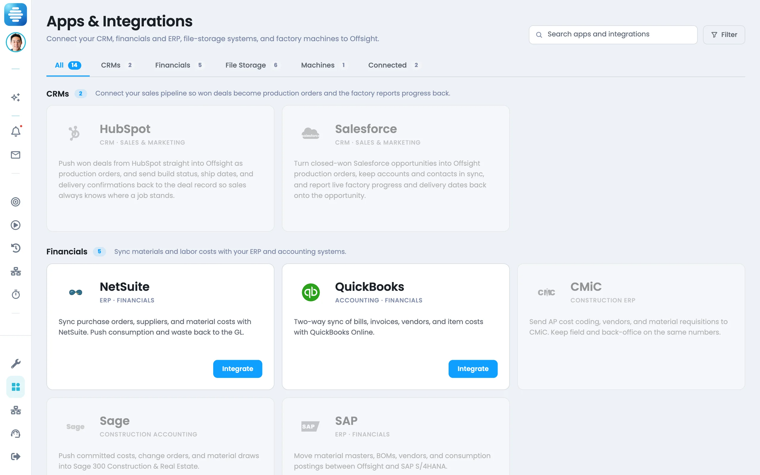 The Offsight Apps & Integrations dashboard, every connector in one place