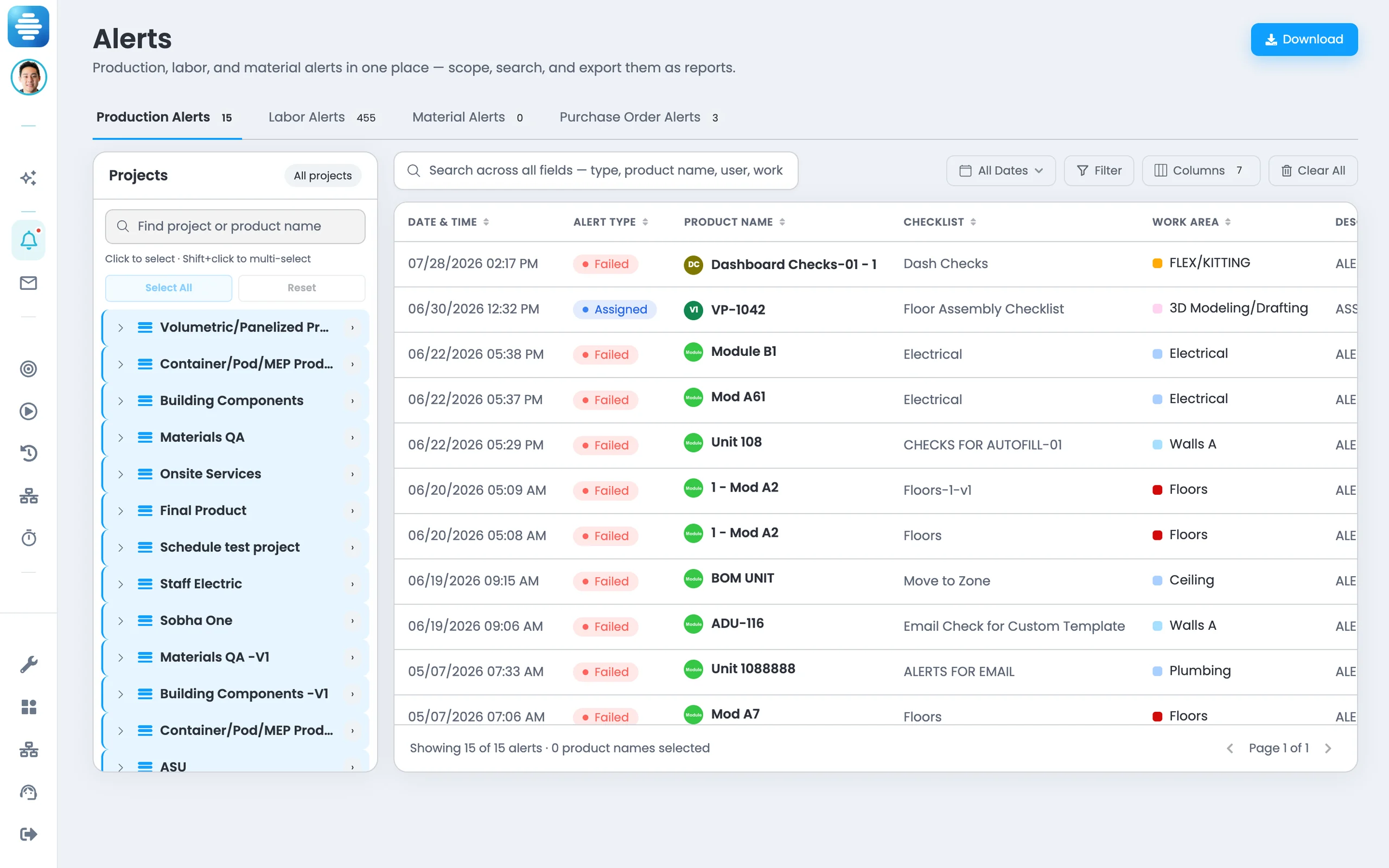 Production alerts opening inline on the Offsight Live board