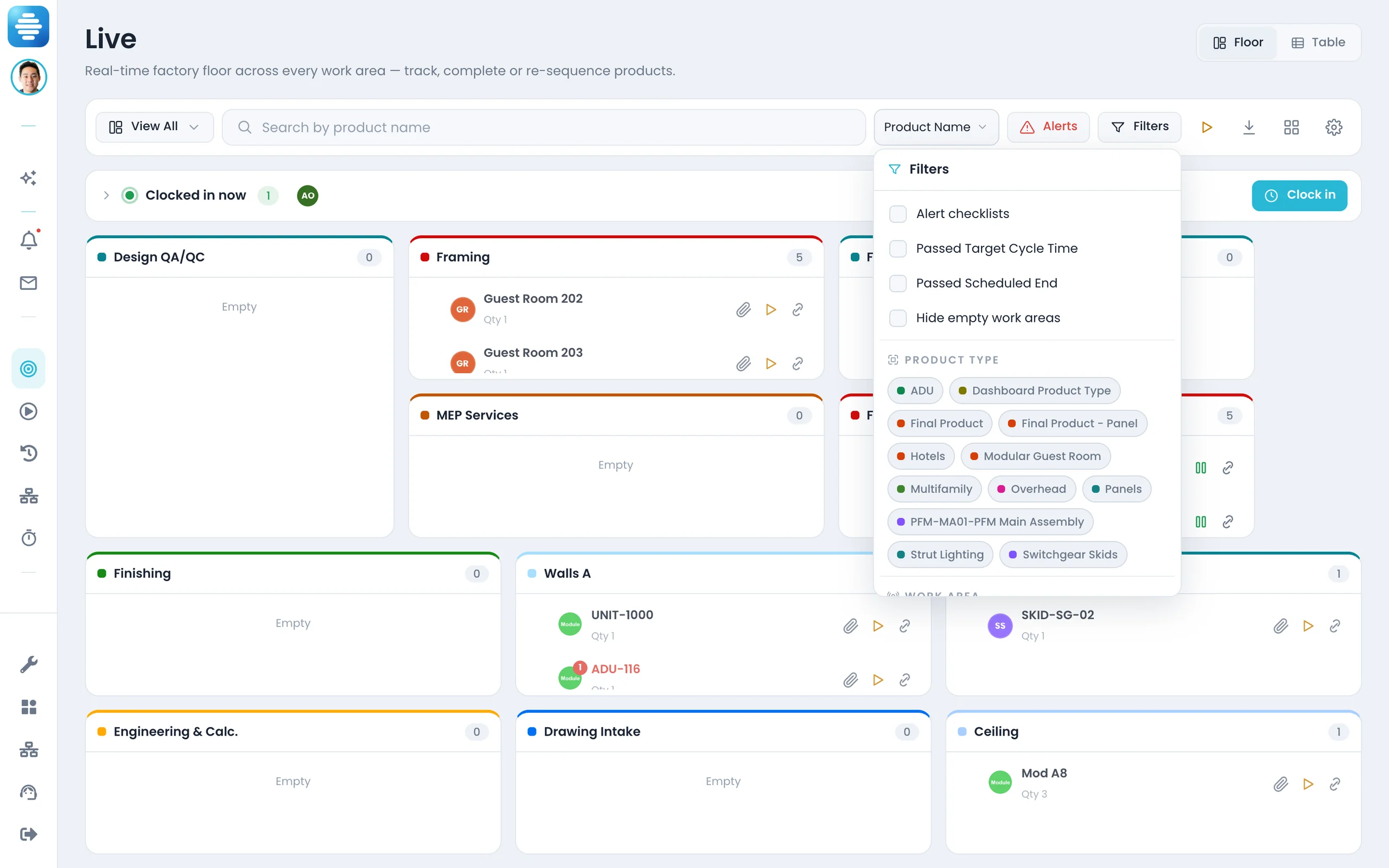 Filtering the Offsight Live board by project, product type and zone