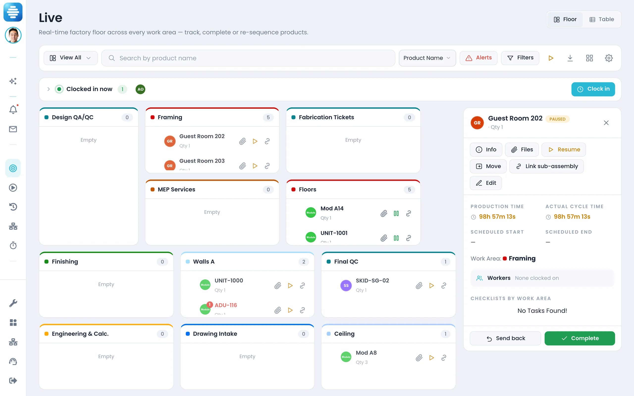 The Offsight Live status panel for a single product, with cycle time and actions