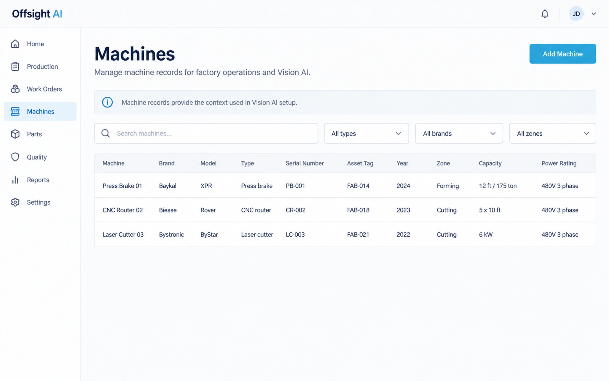 The Offsight Machines register with supported asset fields for name, brand, model, type, serial number, asset tag, year, zone, capacity and power rating