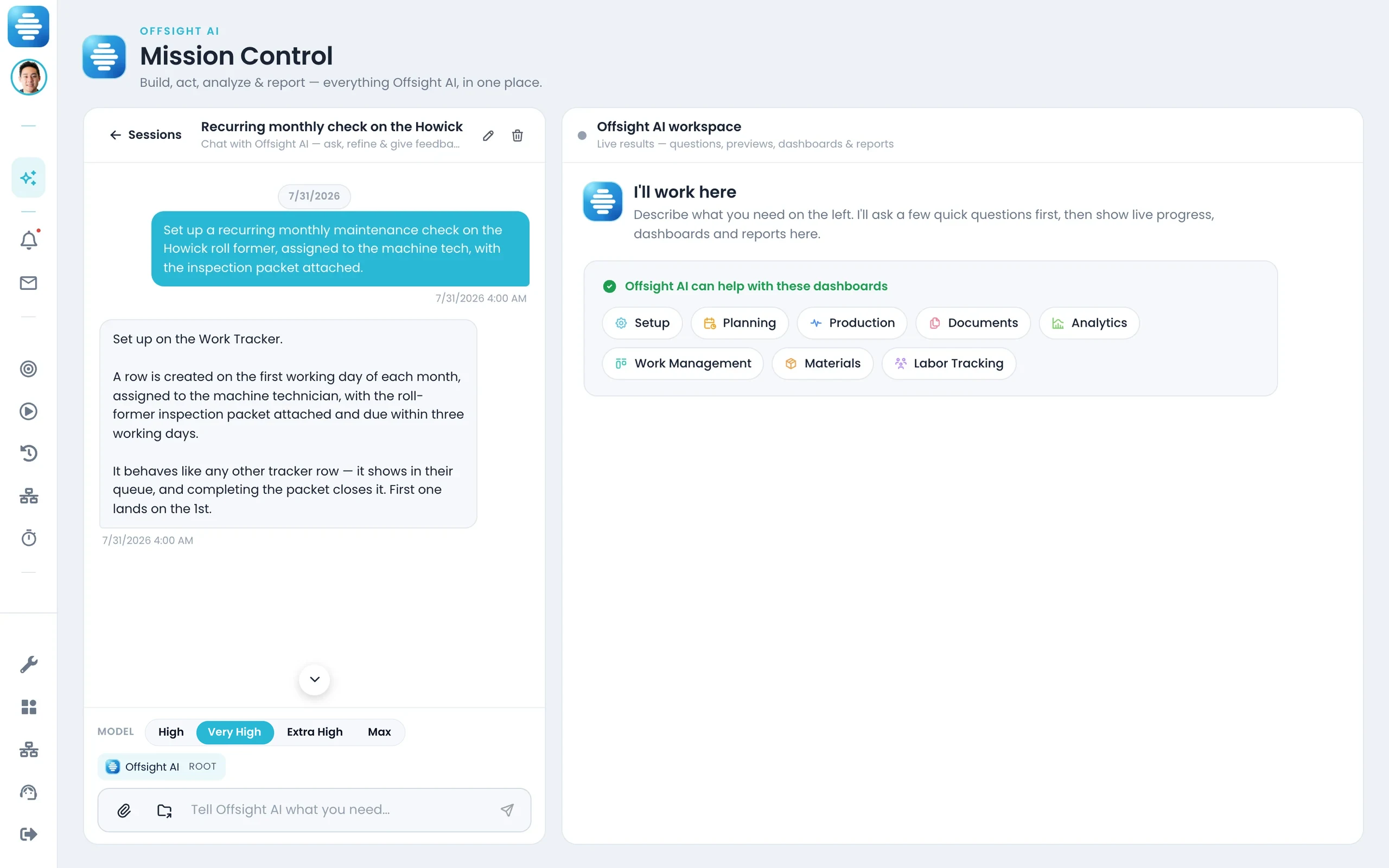 Offsight AI setting up a recurring machine check with its packet attached