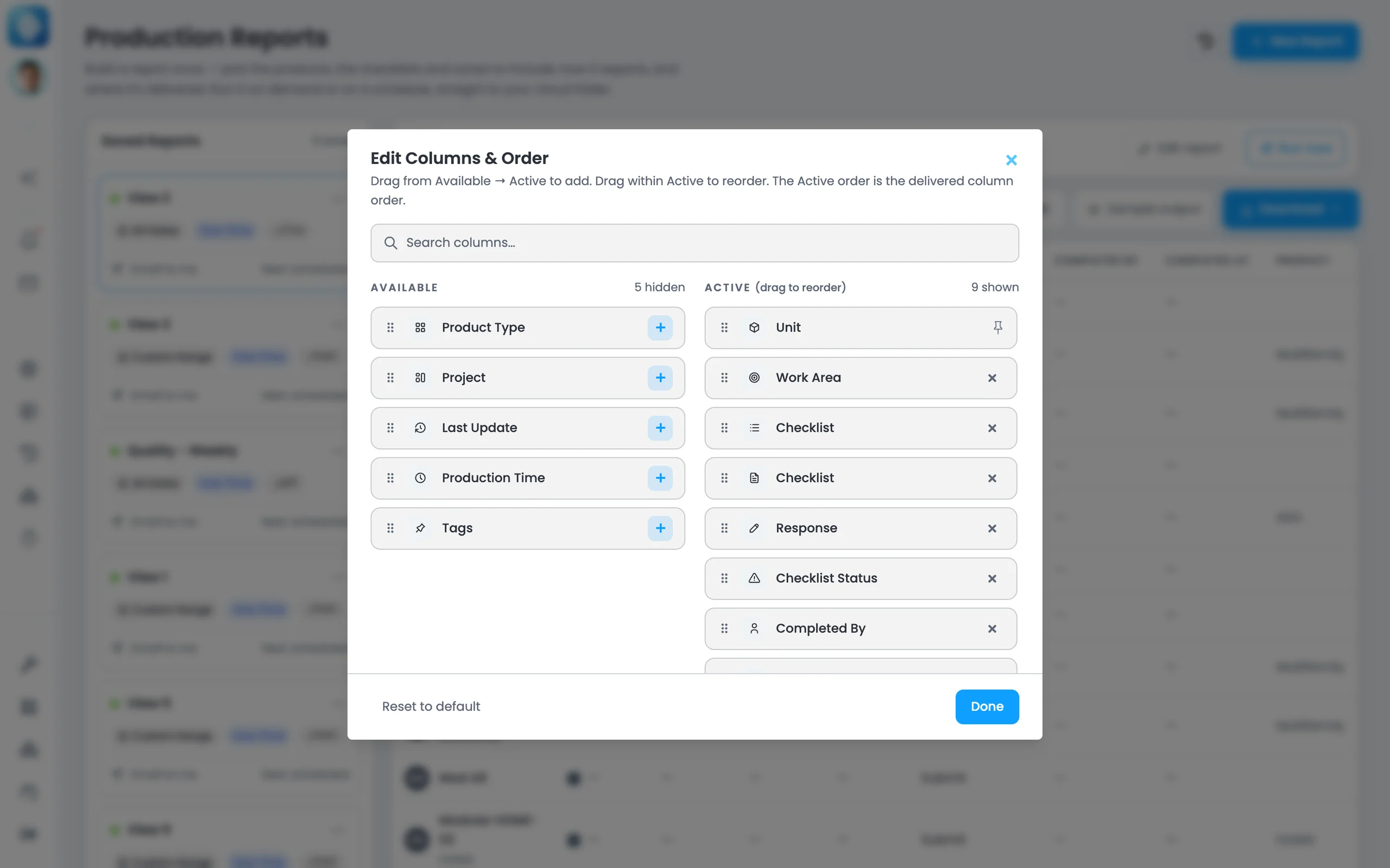 Choosing the columns on an Offsight production report