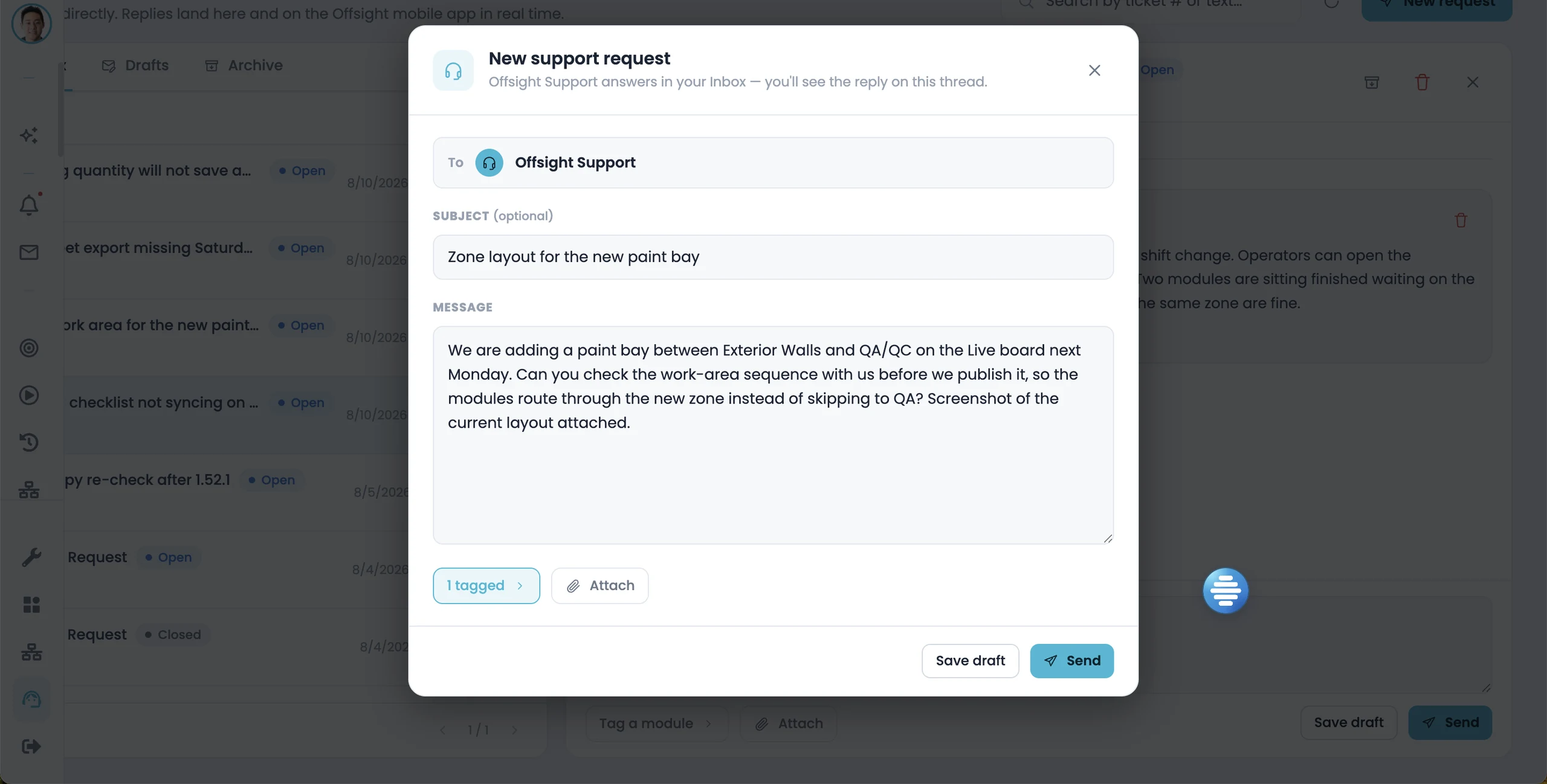Raising a new support request in the Offsight console, with the module tagged and files attached
