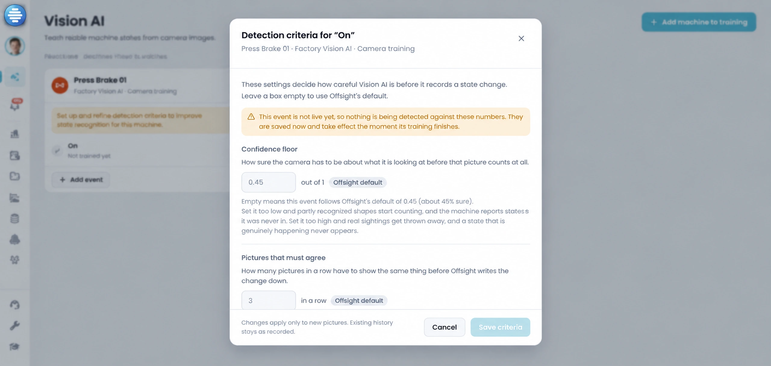 Offsight Vision AI detection criteria for an On state, showing the confidence and picture-agreement settings before the event is live