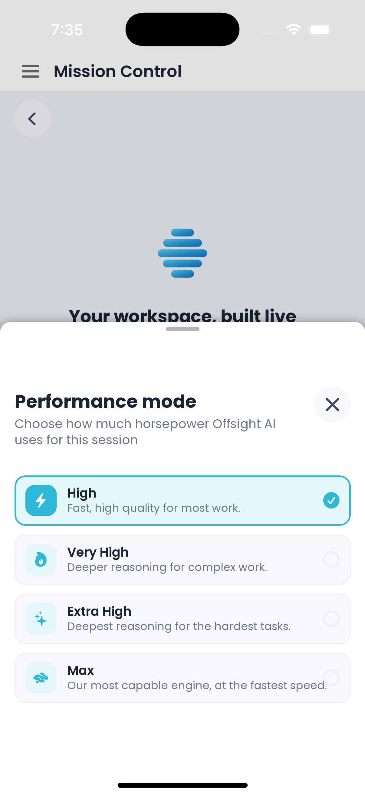 Choosing how much reasoning Offsight AI uses for a session, on iPhone