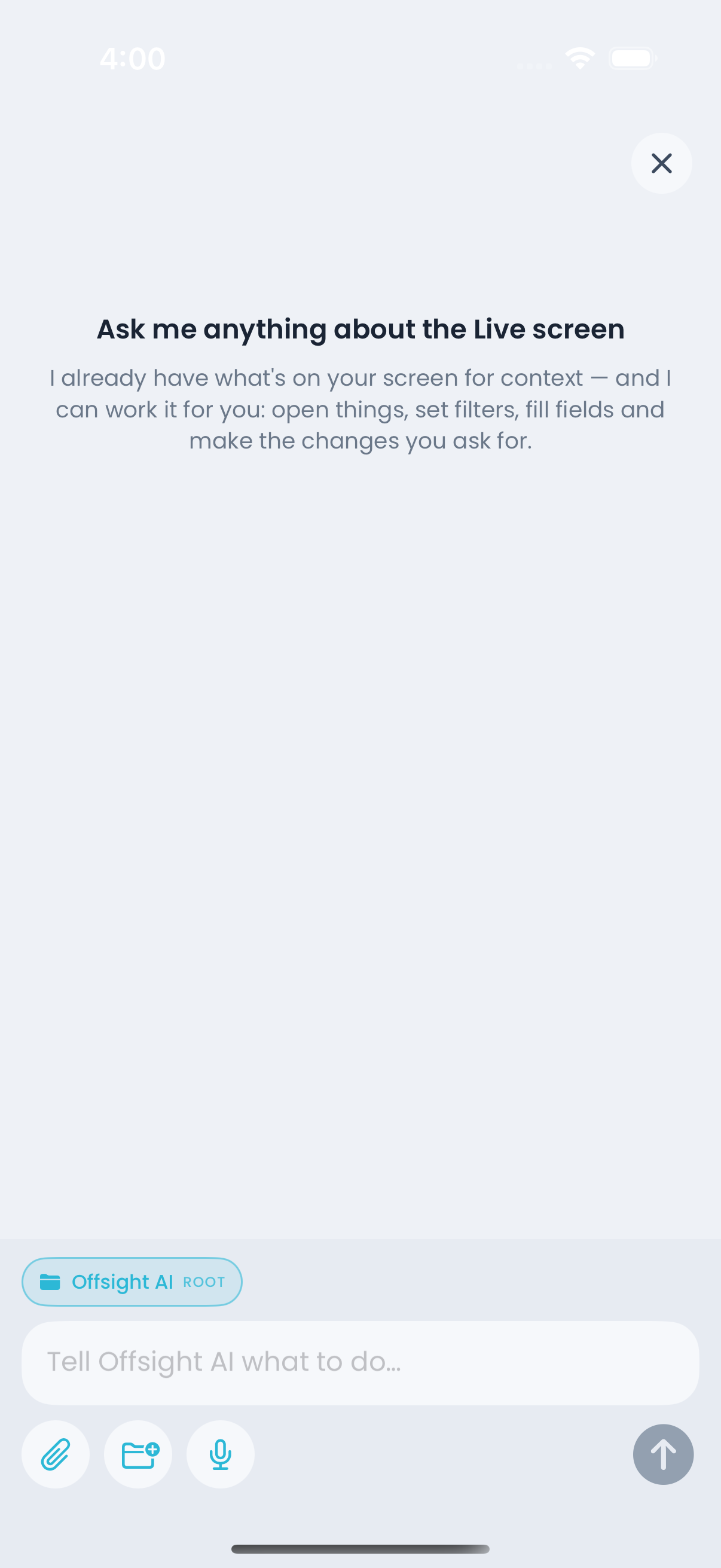 The Offsight AI Assistant on iPhone, reading the screen the operator is on