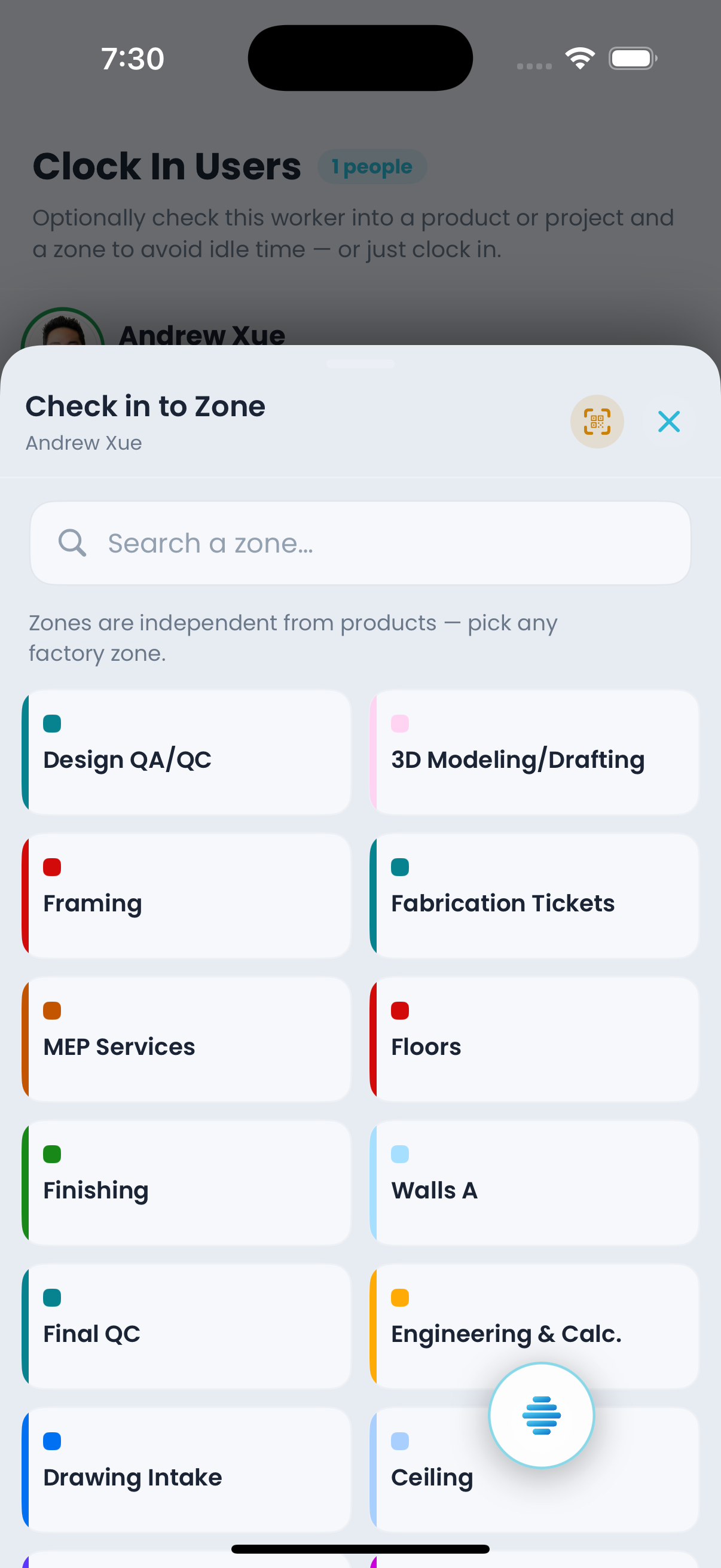 Checking a worker into a factory zone on iPhone