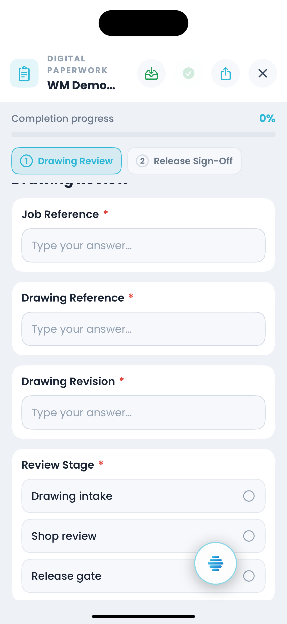A drawing review checklist open on iPhone