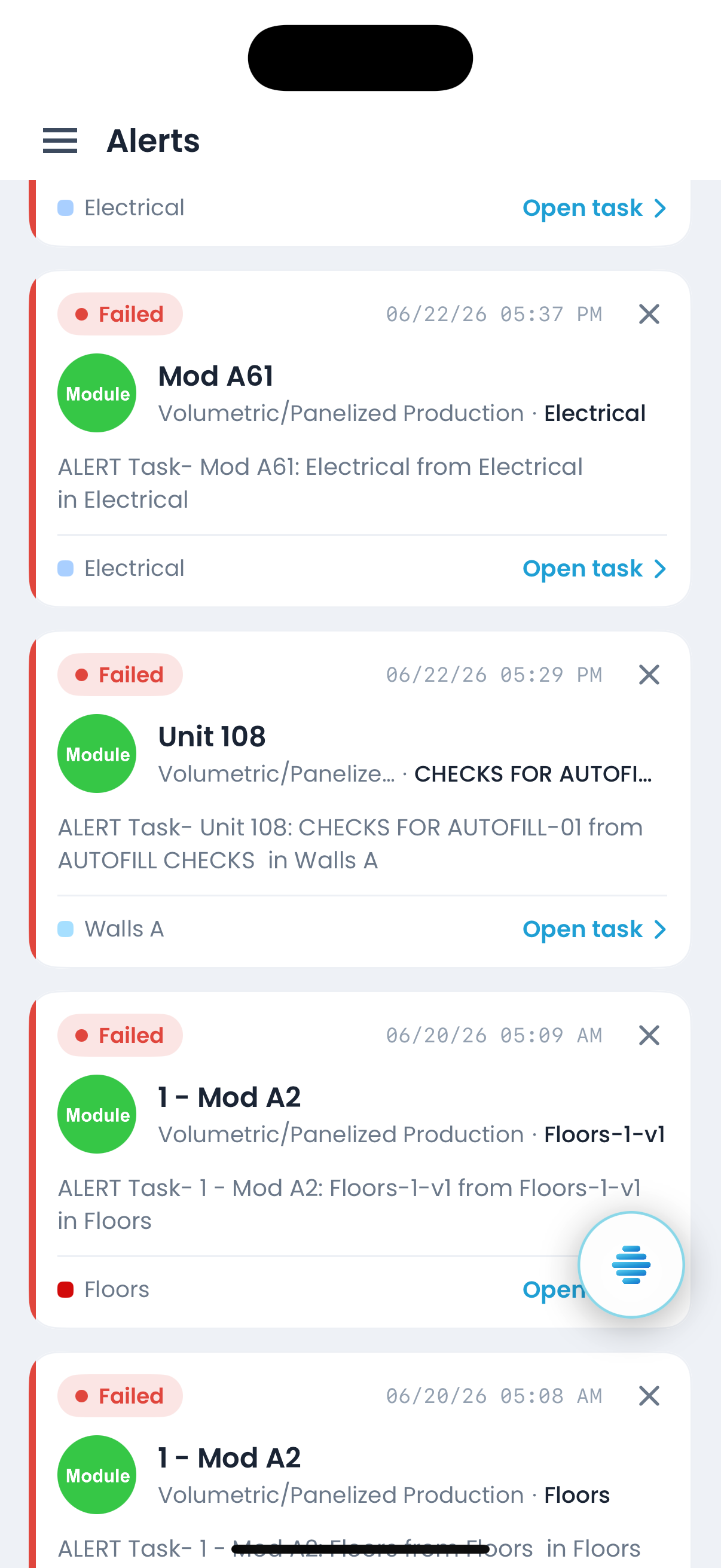 A run of failed production checks on iPhone, each against its module and work area