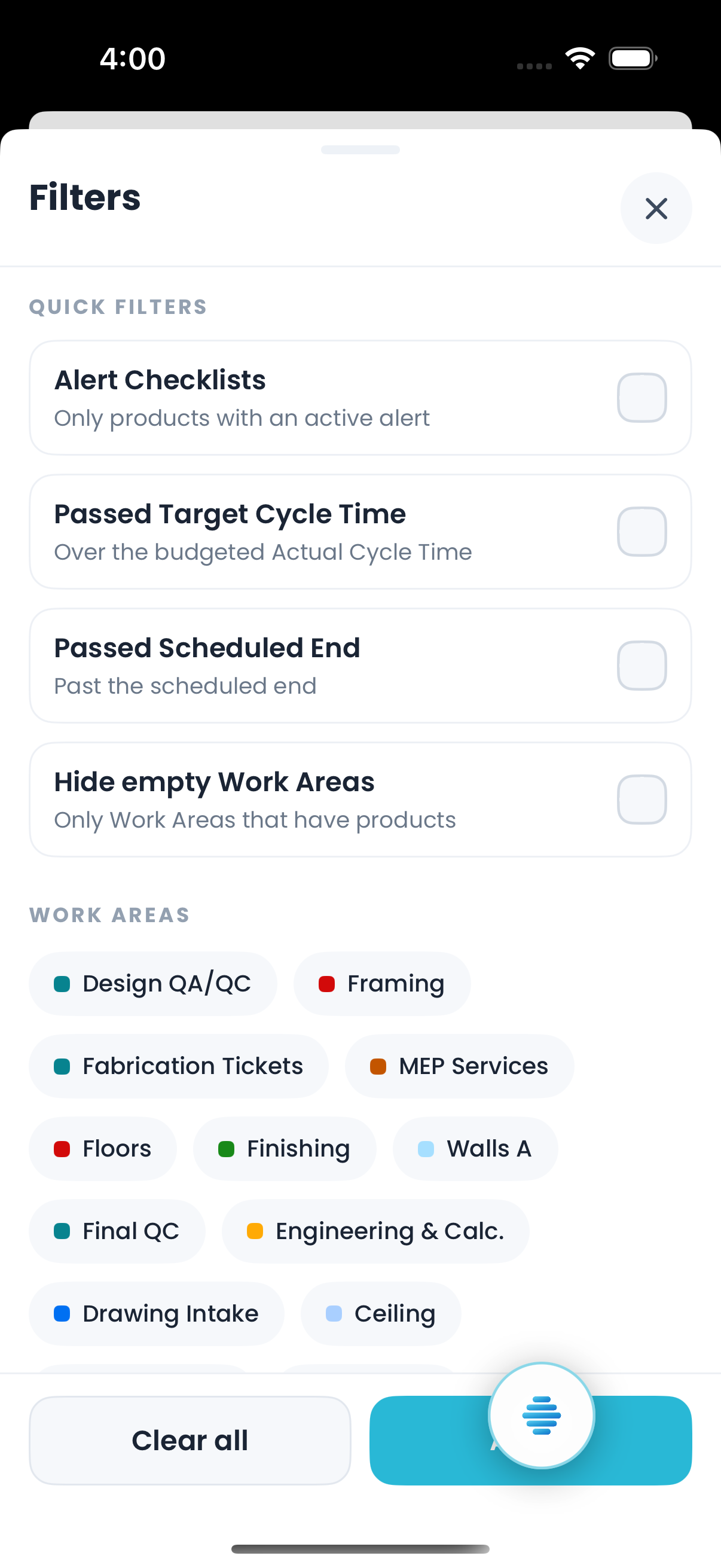 Filtering the Offsight Live board on iPhone by alert, cycle time and work area