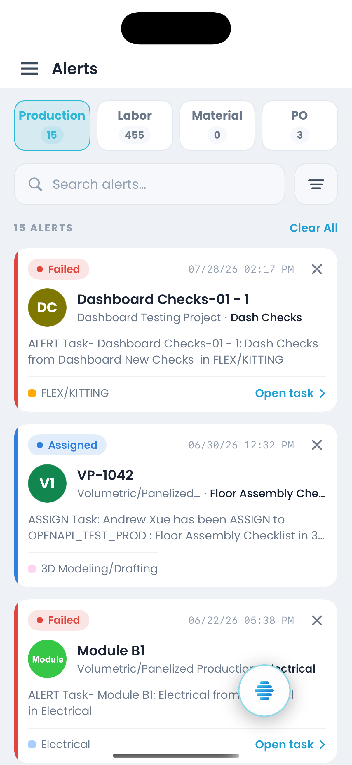 Production, labor, material and purchase-order alerts on iPhone