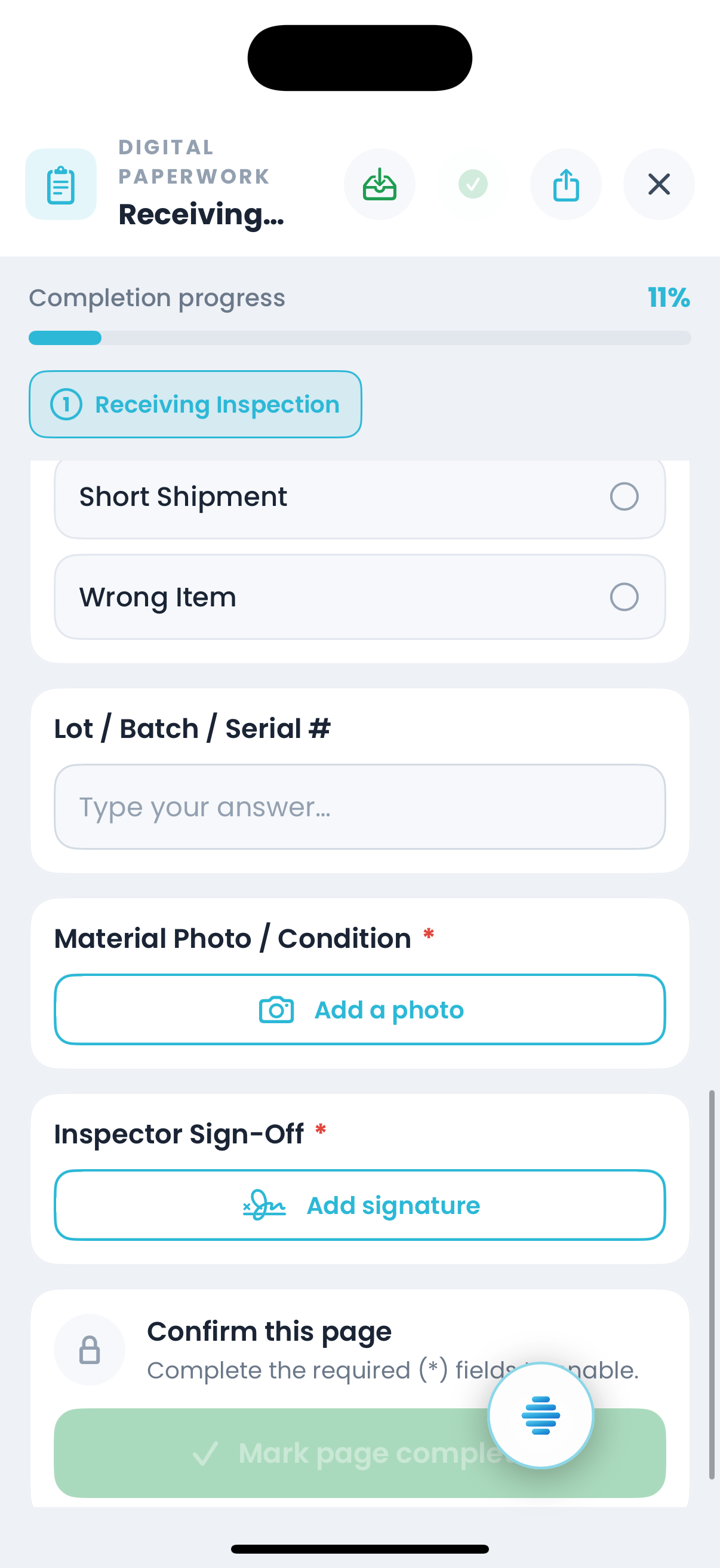 A receiving inspection on iPhone, with material photo and inspector sign-off