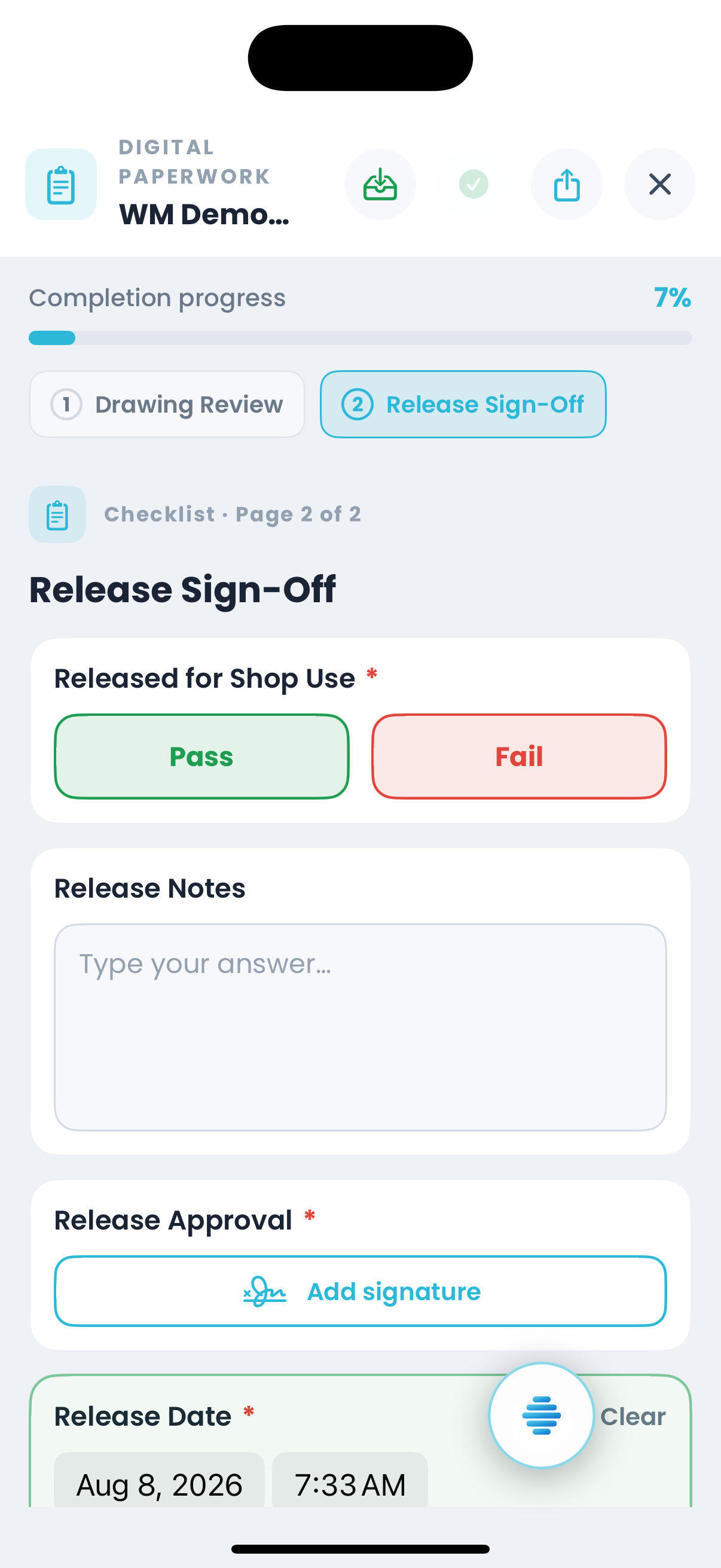 A release sign-off on iPhone, pass or fail with a signature and date