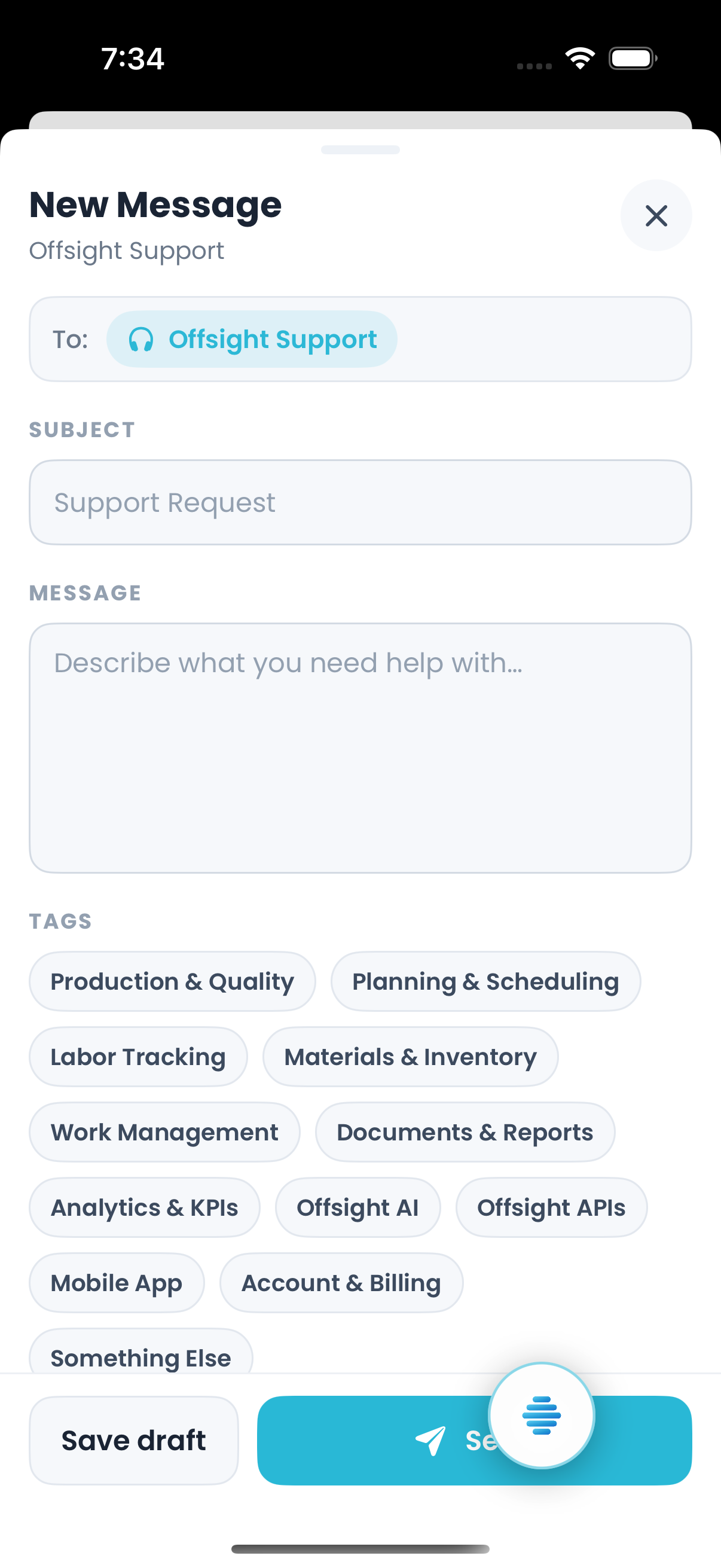 Raising a support request from the floor on iPhone, tagged by area