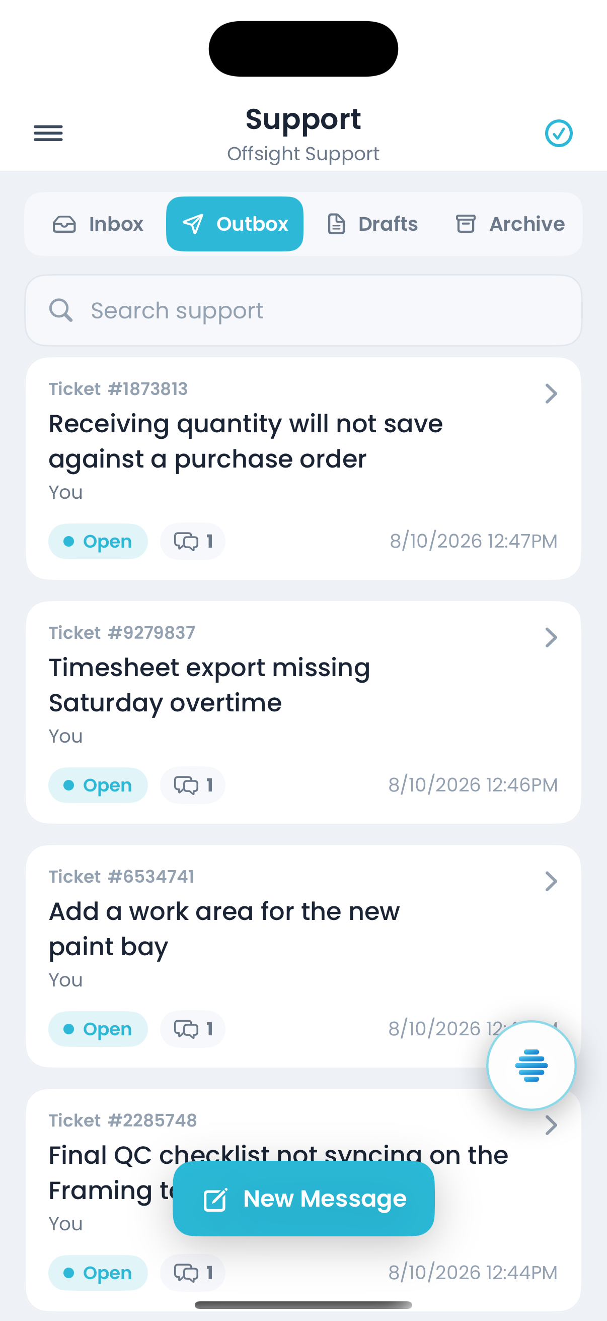 Open support requests on iPhone, each with its ticket number and status