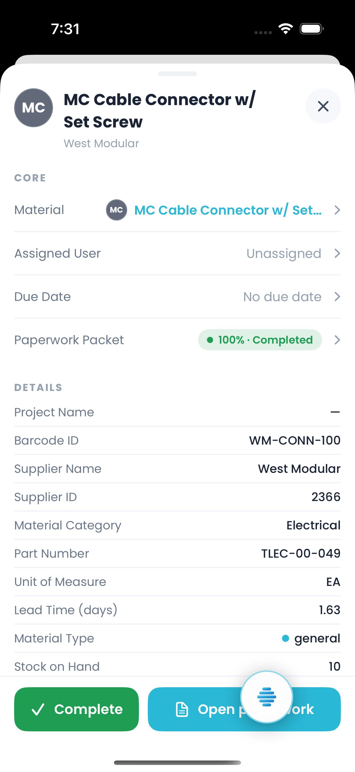 A Work Tracker row on iPhone with its paperwork packet complete