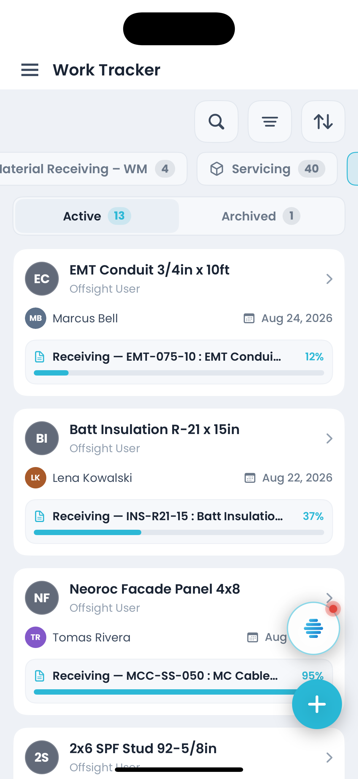 A material receiving to-do table on iPhone, each row with its receiver, due date and packet