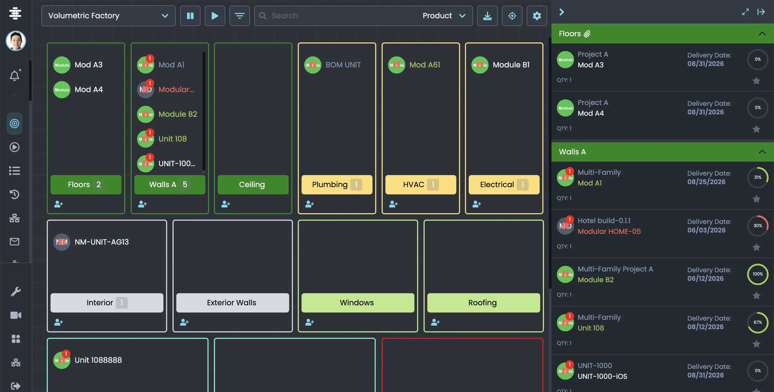 The Live board in the original Offsight app, products grouped by work area